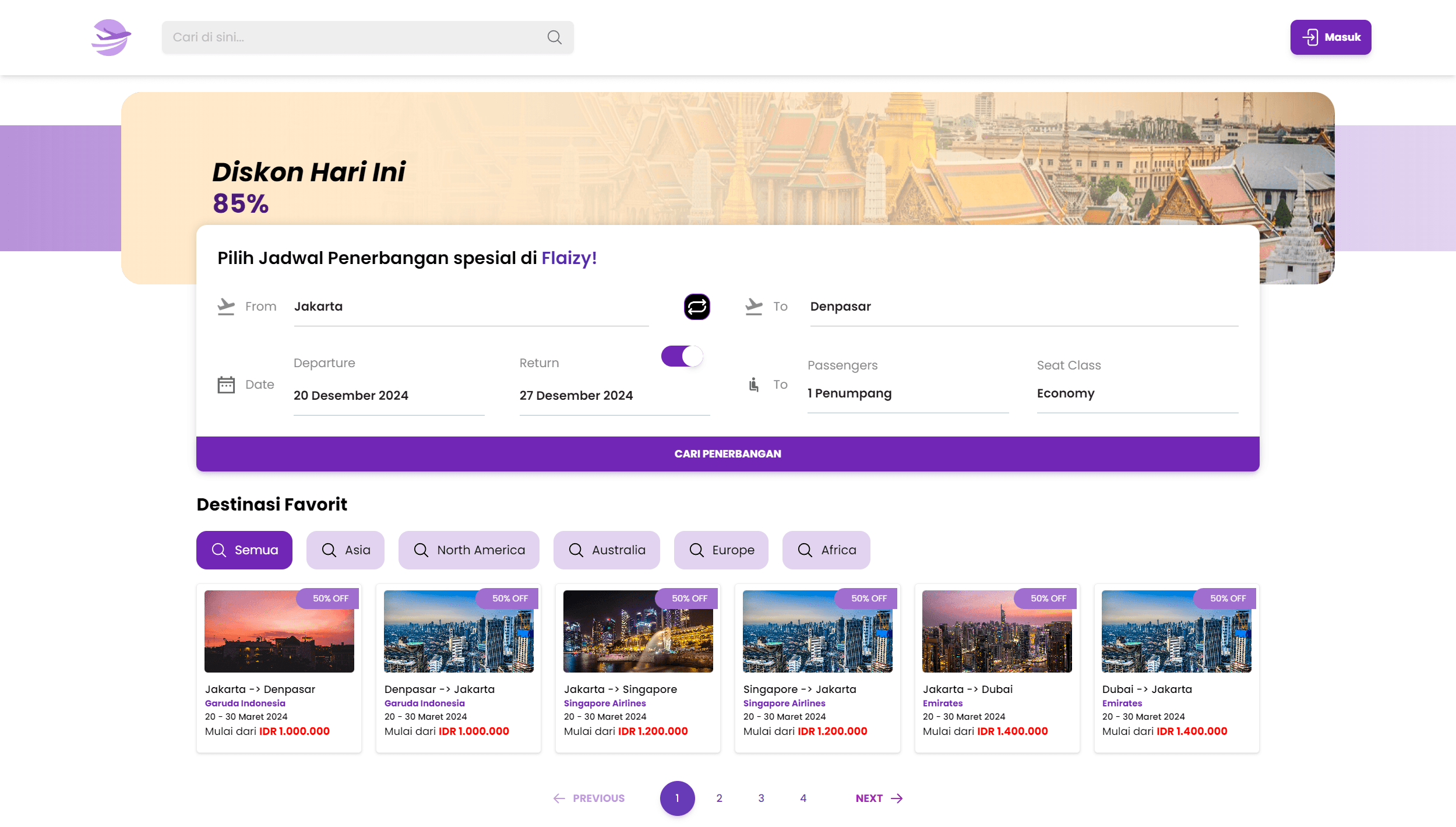 Flight search and booking interface